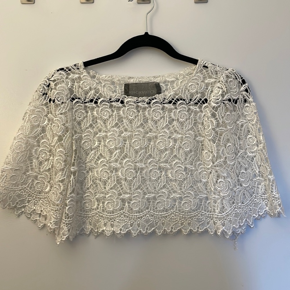 Reformation xs floral lace crop top short bell sleeve